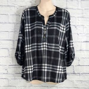 🔵BOGO FREE🔵 Alex & Parker Plaid 3/4 Ruched Sleeves Dotted Sz XL